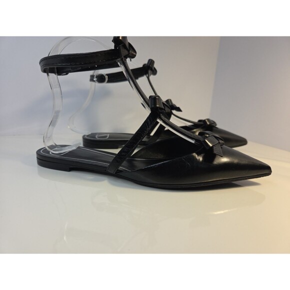 Garavani Valentino EU 37.5 Black Leather Flat Sandals French Bows & Ankle Strap - Picture 2 of 16